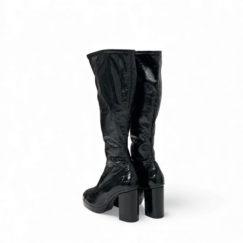 Chanel Boots Long Boots Shoes Patent Leather Black Gold CC Logo Wrinkle