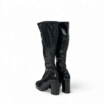 Chanel Boots Long Boots Shoes Patent Leather Black Gold CC Logo Wrinkle