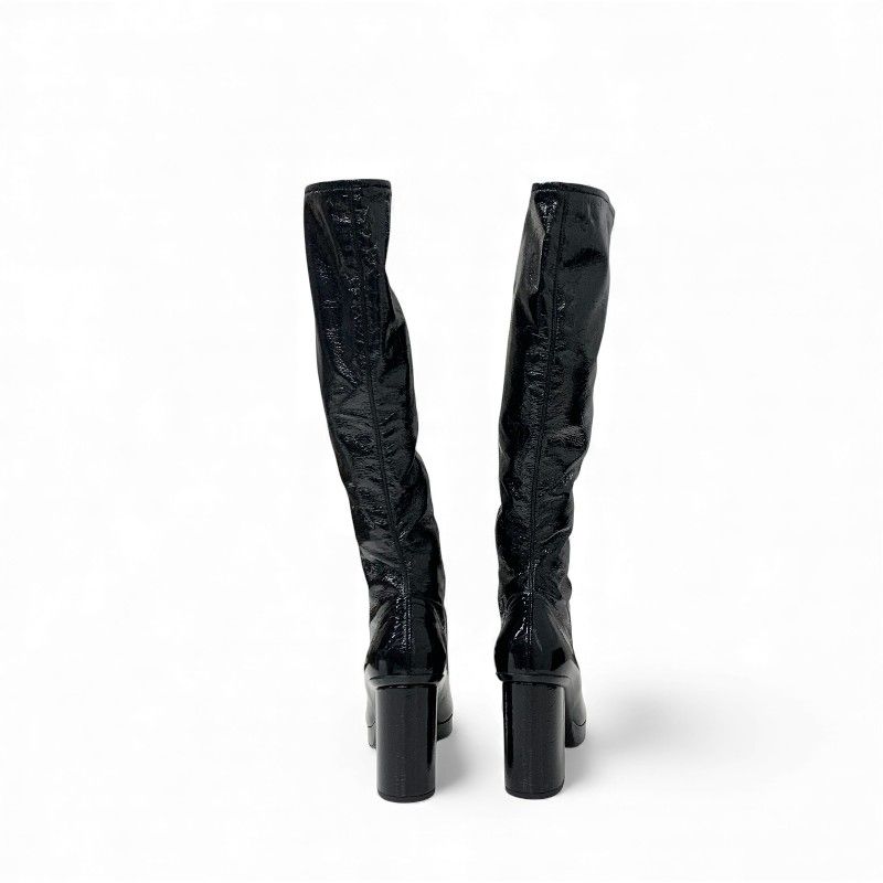 Chanel Boots Long Boots Shoes Patent Leather Black Gold CC Logo Wrinkle