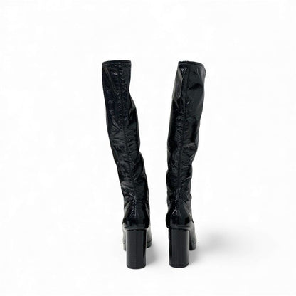 Chanel Boots Long Boots Shoes Patent Leather Black Gold CC Logo Wrinkle