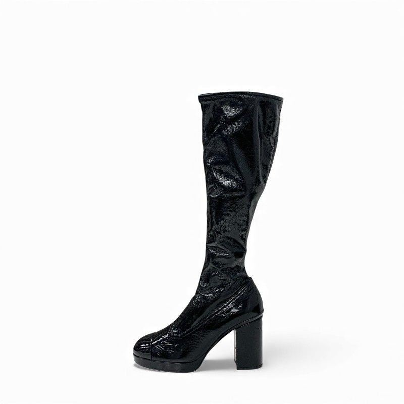 Chanel Boots Long Boots Shoes Patent Leather Black Gold CC Logo Wrinkle