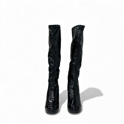 Chanel Boots Long Boots Shoes Patent Leather Black Gold CC Logo Wrinkle