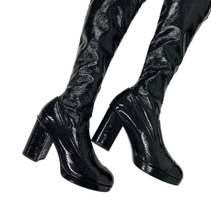 Chanel Boots Long Boots Shoes Patent Leather Black Gold CC Logo Wrinkle