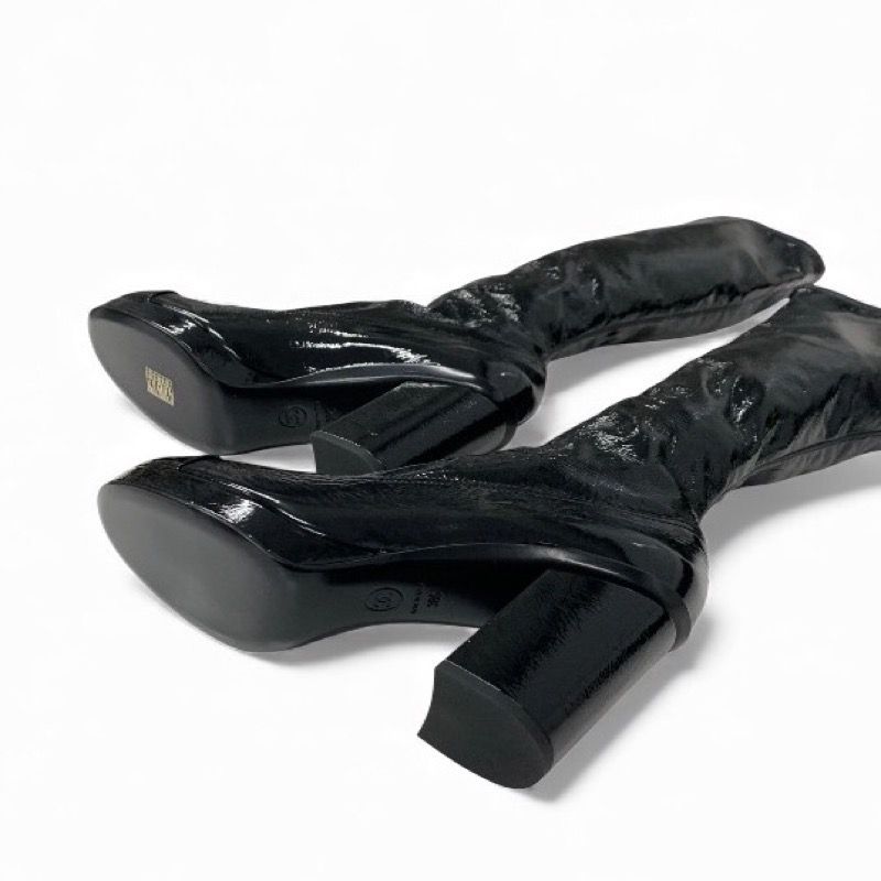 Chanel Boots Long Boots Shoes Patent Leather Black Gold CC Logo Wrinkle