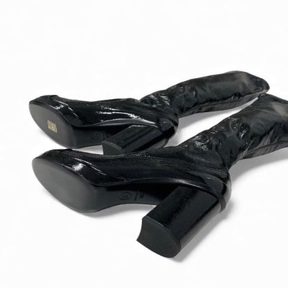 Chanel Boots Long Boots Shoes Patent Leather Black Gold CC Logo Wrinkle