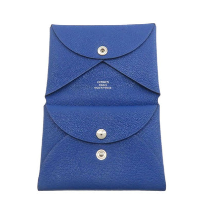 Hermes Calvi Duo Bleu France Silver Card Case Chevre