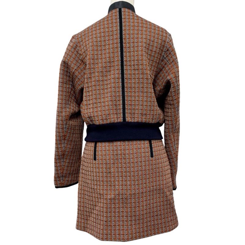 Hermes Set Suit Wool Orange Black White Jacket Skirt Check