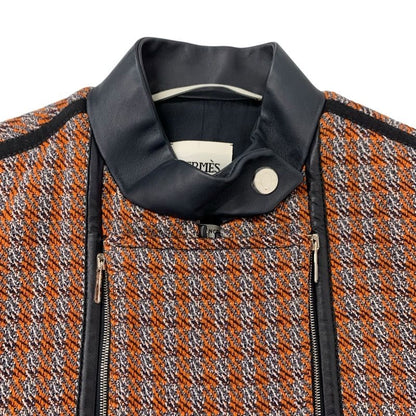 Hermes Set Suit Wool Orange Black White Jacket Skirt Check