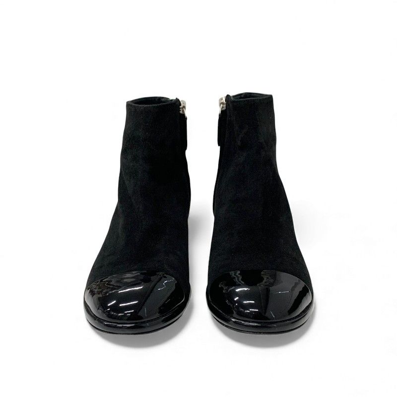 Chanel Boots Shorts Shoes Suede Patent Black Silver CC Logo Charm Ankle