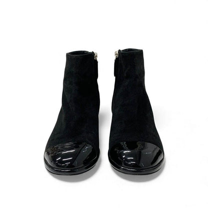 Chanel Boots Shorts Shoes Suede Patent Black Silver CC Logo Charm Ankle
