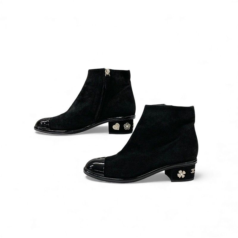 Chanel Boots Shorts Shoes Suede Patent Black Silver CC Logo Charm Ankle