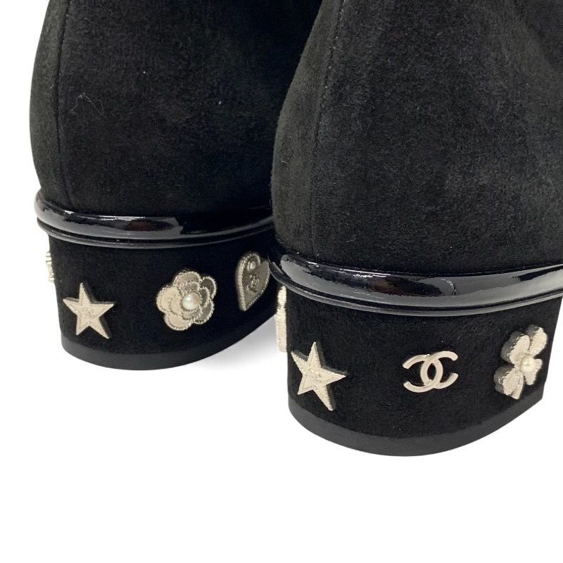 Chanel Boots Shorts Shoes Suede Patent Black Silver CC Logo Charm Ankle