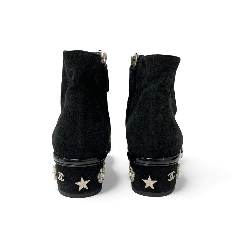 Chanel Boots Shorts Shoes Suede Patent Black Silver CC Logo Charm Ankle