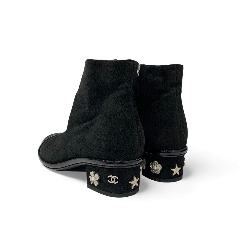 Chanel Boots Shorts Shoes Suede Patent Black Silver CC Logo Charm Ankle
