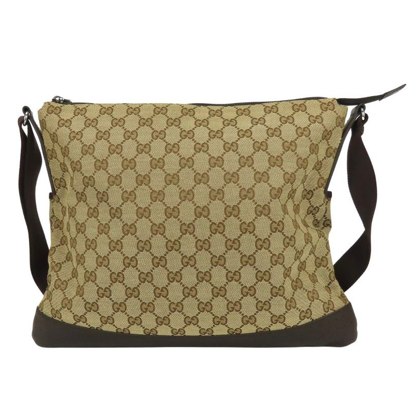 Gucci Shoulder Bag Punching GG Canvas Leather Beige Dark Brown