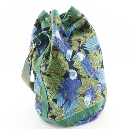 Hermes Drawstring Botanical Pattern Bird Cotton Green