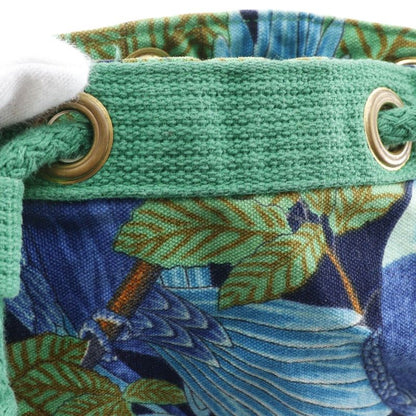 Hermes Drawstring Botanical Pattern Bird Cotton Green