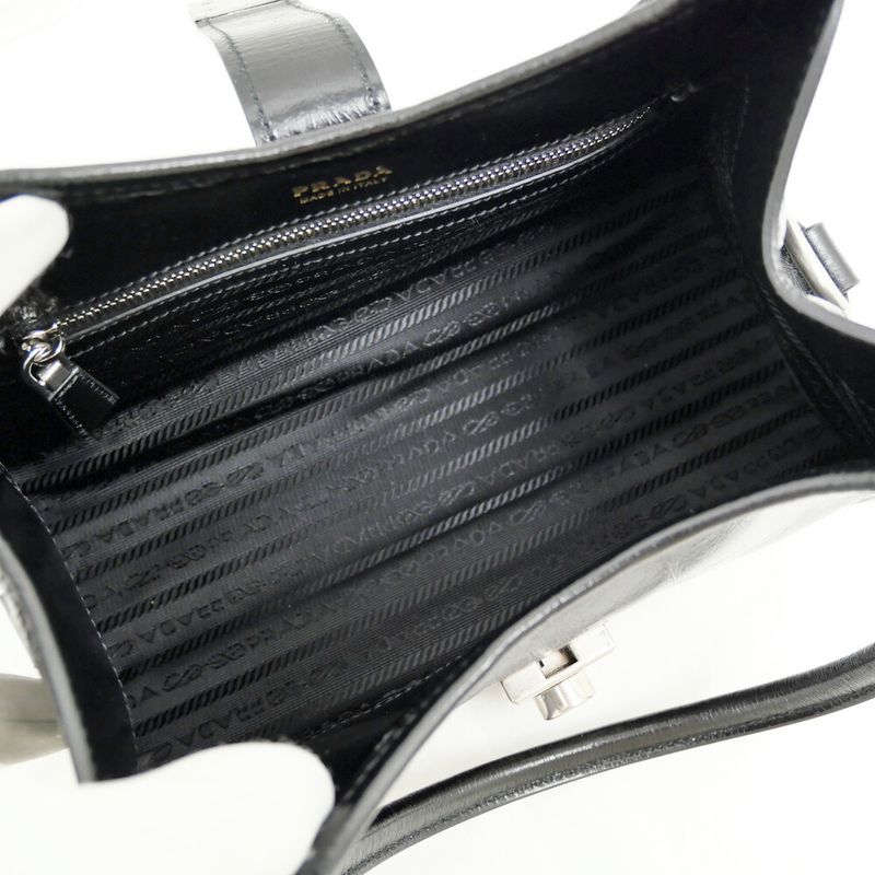 Prada Small Leather Tote Black Hand Silver Others