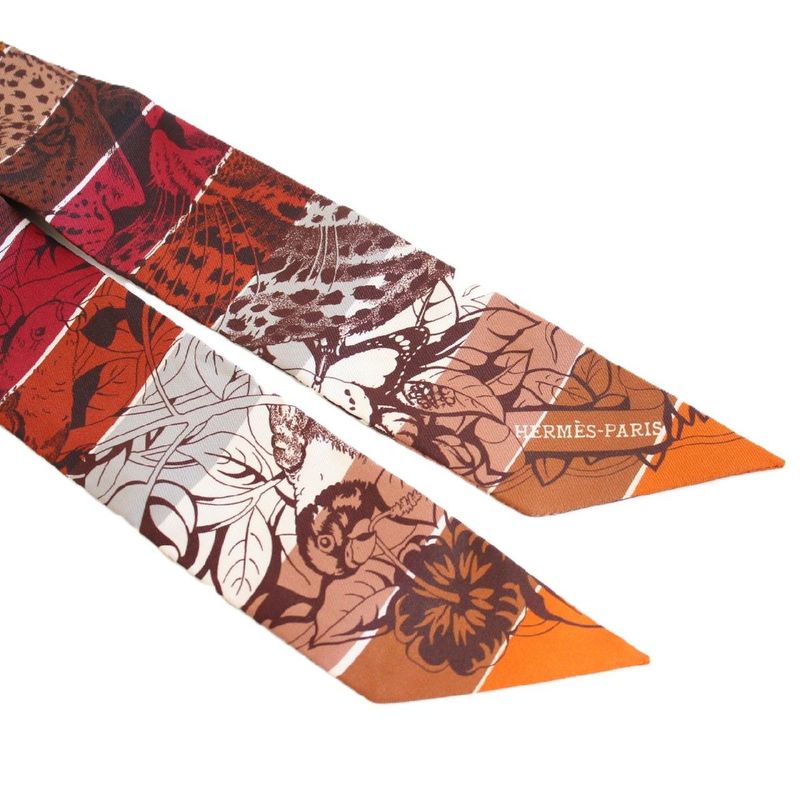 Hermes Twilly Jungle Love Rainbow Silk Brown Scarf