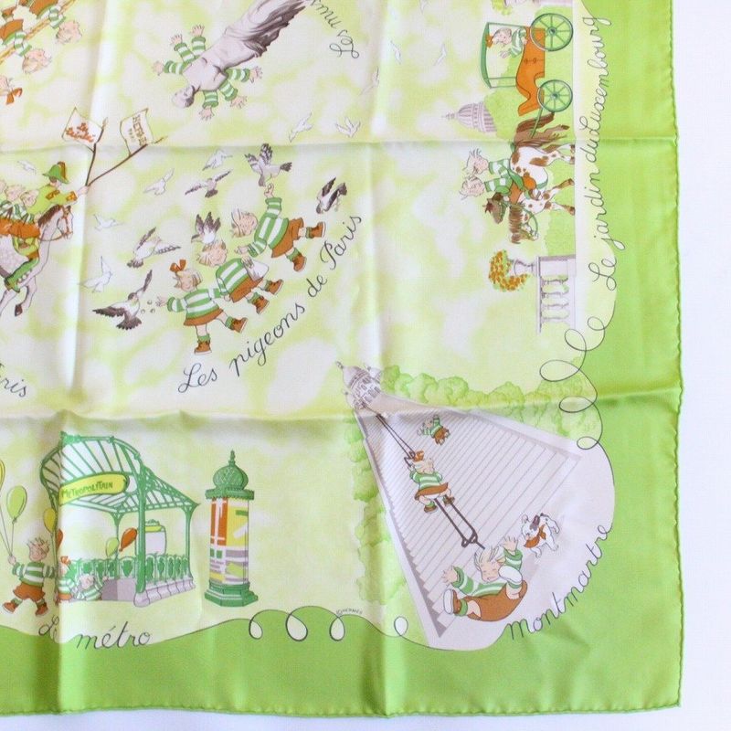 Hermes Carre 90 Scarf les Triples de Paris Mischievous Triplets Silk Green