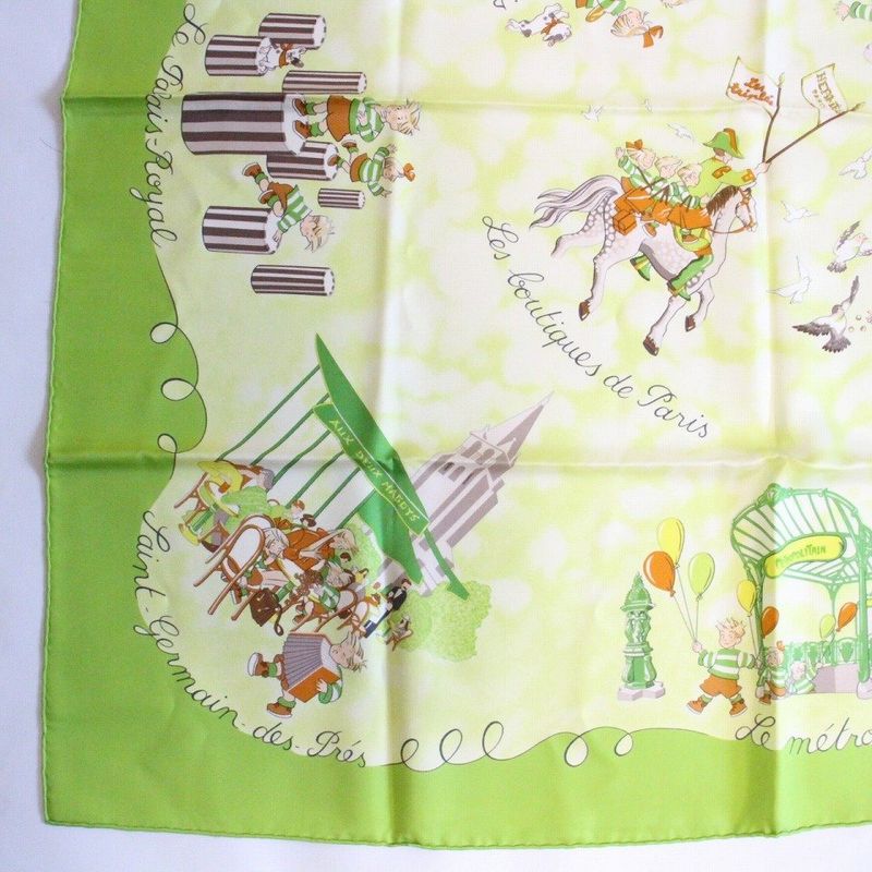 Hermes Carre 90 Scarf les Triples de Paris Mischievous Triplets Silk Green