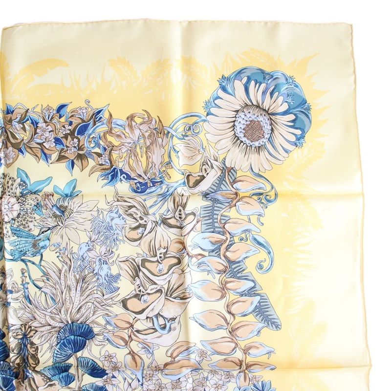 Hermes Carre 90 Scarf L'ile Deserte Human Island Plant Silk Yellow