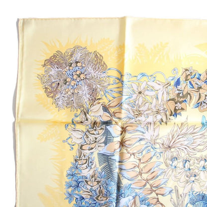 Hermes Carre 90 Scarf L'ile Deserte Human Island Plant Silk Yellow