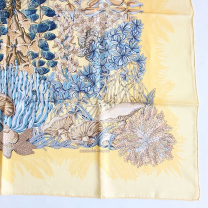 Hermes Carre 90 Scarf L'ile Deserte Human Island Plant Silk Yellow