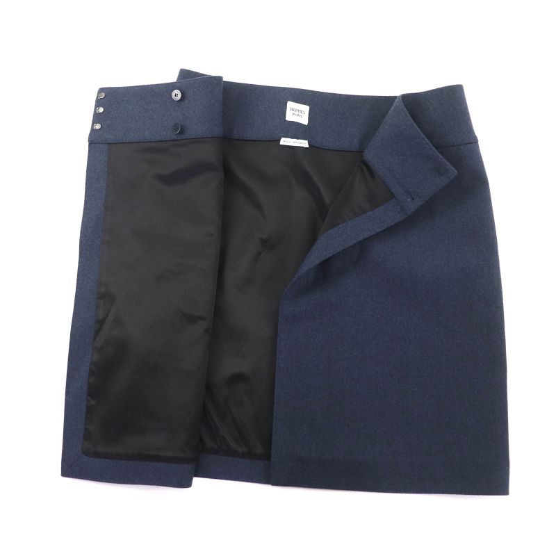 Hermes 100% Wool Trapezoid Knee Length Wrap Skirt Navy 34