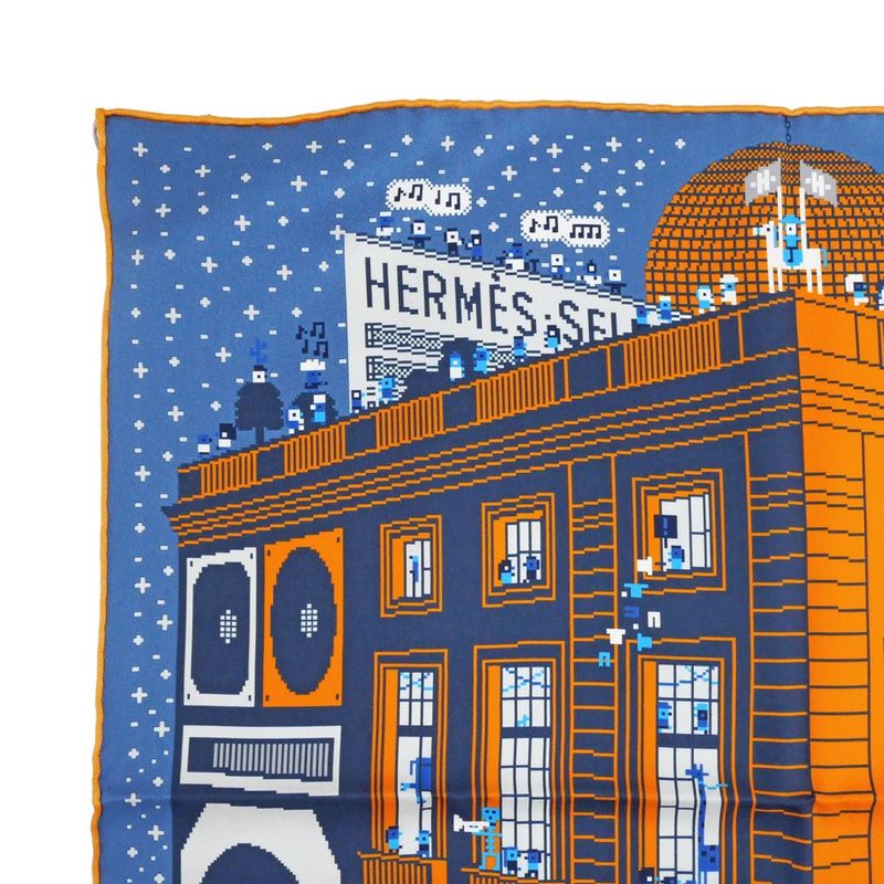 Hermes Pocket Chief Fauble Party Blue Orange Multicolor Silk Scarf