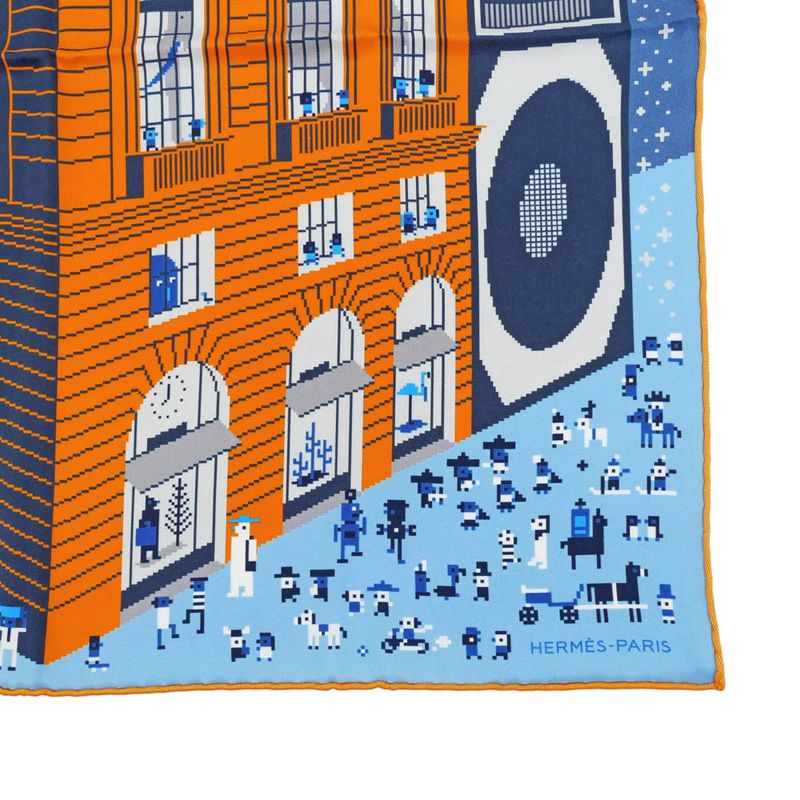 Hermes Pocket Chief Fauble Party Blue Orange Multicolor Silk Scarf