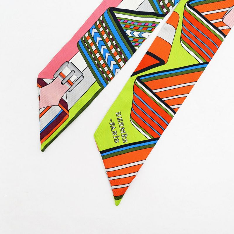 Hermes Twilly Belt Pattern Green Multicolor Silk Scarf