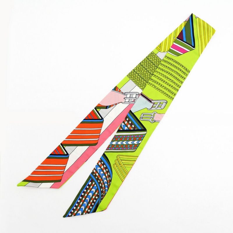 Hermes Twilly Belt Pattern Green Multicolor Silk Scarf