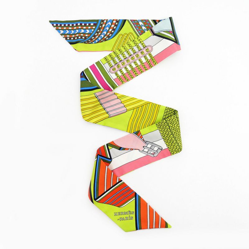 Hermes Twilly Belt Pattern Green Multicolor Silk Scarf
