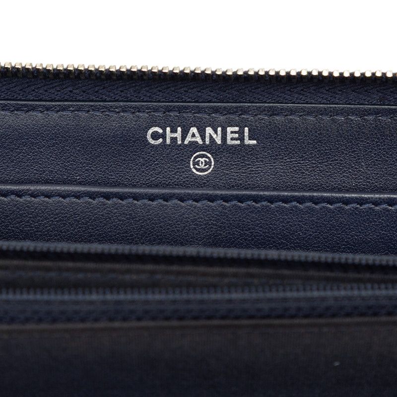 Chanel Camellia CC Logo Long Wallet Zip Around Navy Leather