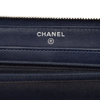 Chanel Camellia CC Logo Long Wallet Zip Around Navy Leather