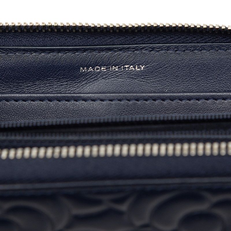 Chanel Camellia CC Logo Long Wallet Zip Around Navy Leather