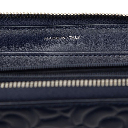 Chanel Camellia CC Logo Long Wallet Zip Around Navy Leather