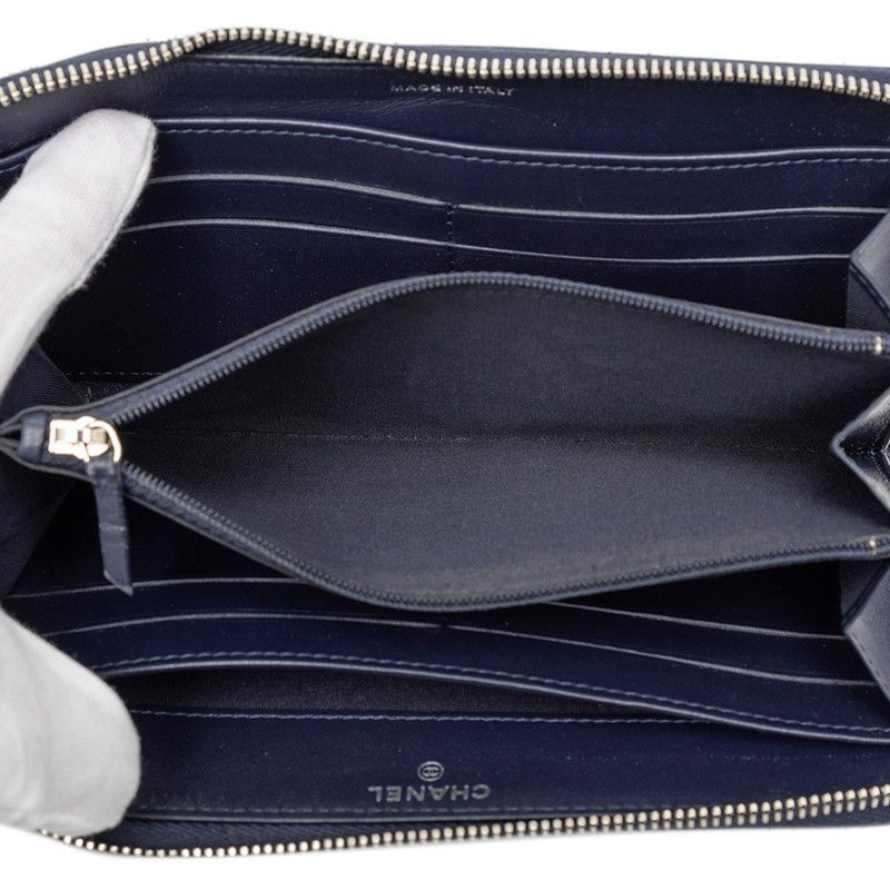Chanel Camellia CC Logo Long Wallet Zip Around Navy Leather