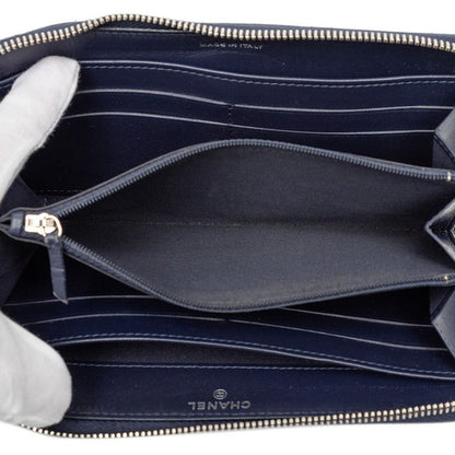 Chanel Camellia CC Logo Long Wallet Zip Around Navy Leather