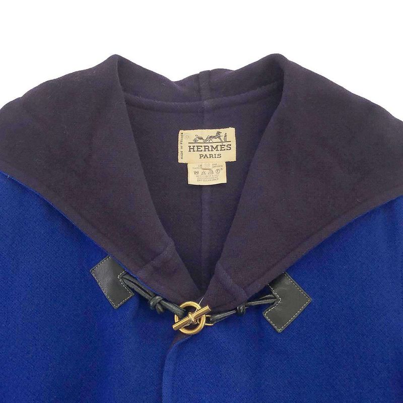Hermes Glenan Wool Cashmere Duffel Coat Blue 38