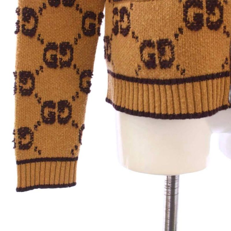 Gucci GG Cles Jacquard Cardigan Knit Long Sleeve S Brown KH