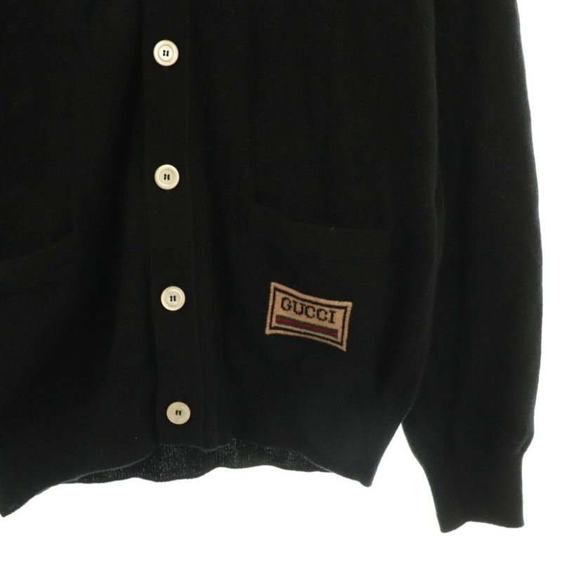 Gucci Logo Pocket Cardigan Knit Long Sleeve Cashmere Wool Blend XS Black NR