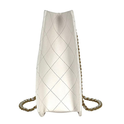 Chanel CC Logo Chain Tote Shoulder Bag Quilted Leather White