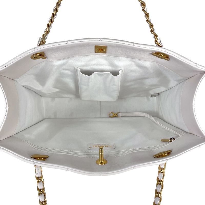 Chanel CC Logo Chain Tote Shoulder Bag Quilted Leather White