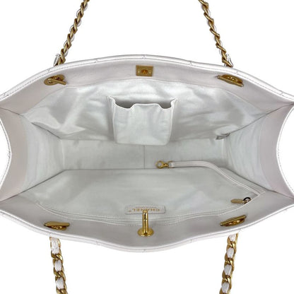Chanel CC Logo Chain Tote Shoulder Bag Quilted Leather White