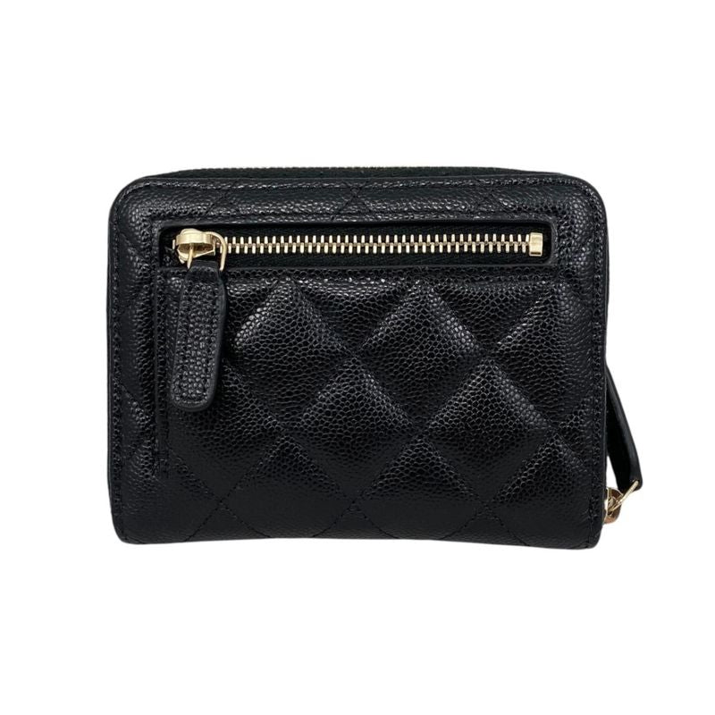 Chanel Bifold Wallet Small Zip Wallet Quilted Caviar Leather CC Logo