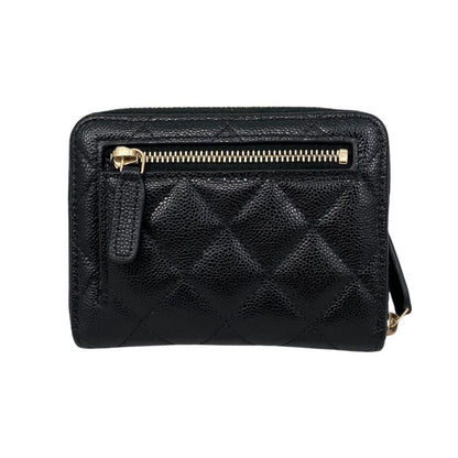 Chanel Bifold Wallet Small Zip Wallet Quilted Caviar Leather CC Logo