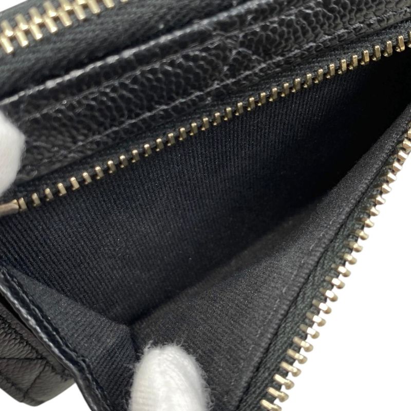 Chanel Bifold Wallet Small Zip Wallet Quilted Caviar Leather CC Logo