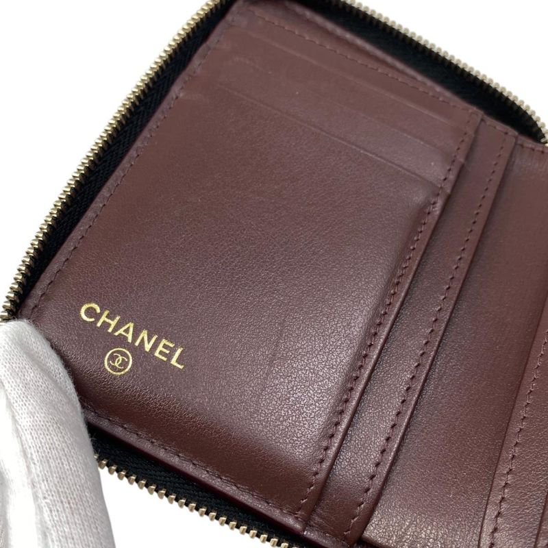 Chanel Bifold Wallet Small Zip Wallet Quilted Caviar Leather CC Logo